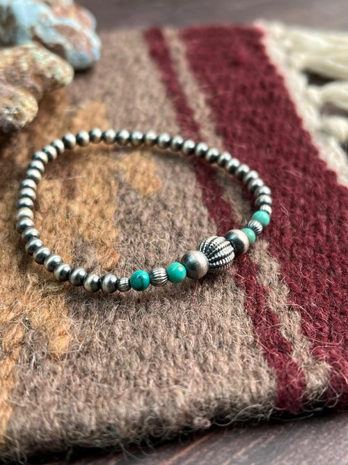 Handmade Sterling Silver Beaded Kingman Turquoise Bracelet