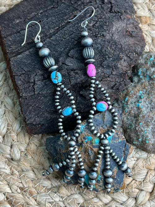 Handmade Sterling Silver Beaded Cotton Candy Hook Dangle Earrings