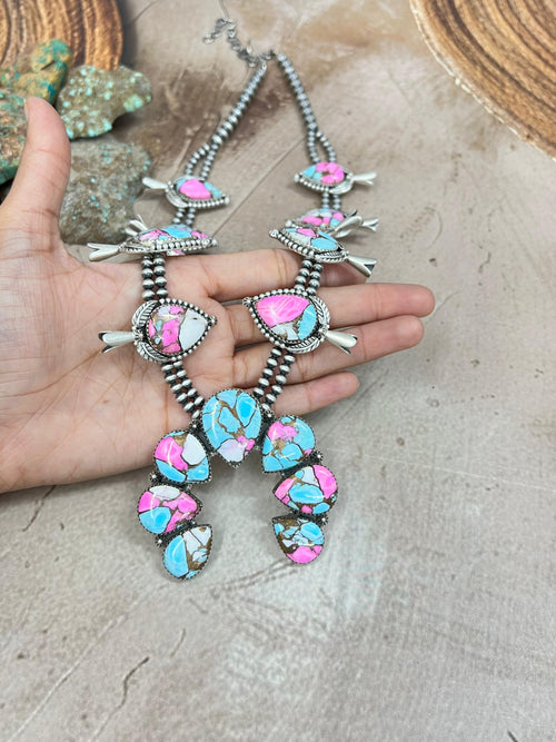 Handmade Sterling Silver Cotton Candy Turquoise Necklace with Signed Nizhoni