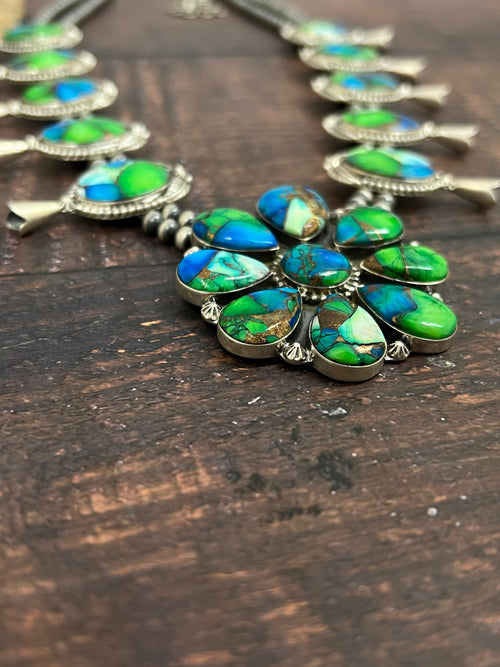 Handmade Sterling Silver Peacock Dahlia Beaded Necklace with Signed Nizhoni