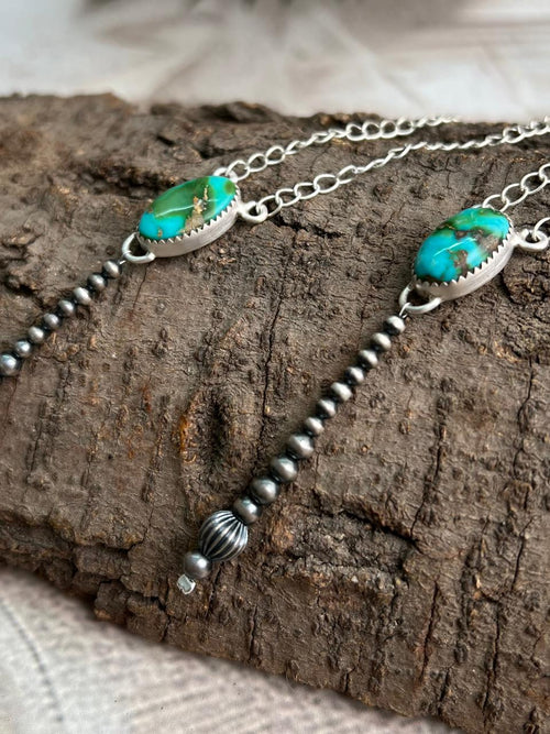 Handmade Sterling Silver Beaded Sonoran Mountain Turquoise Necklace "Signed Nizhoni"
