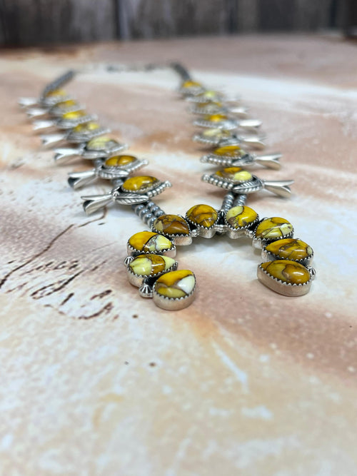 Handmade Sterling Silver Honey Dahlia Squash Blossom Necklace with Signed Nizhoni