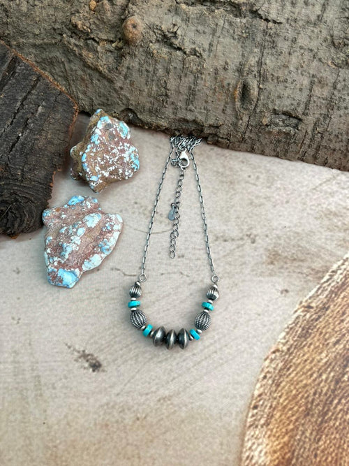 Handmade Sterling Silver Kingman Turquoise Beaded Necklace t ok with Signed Nizhoni