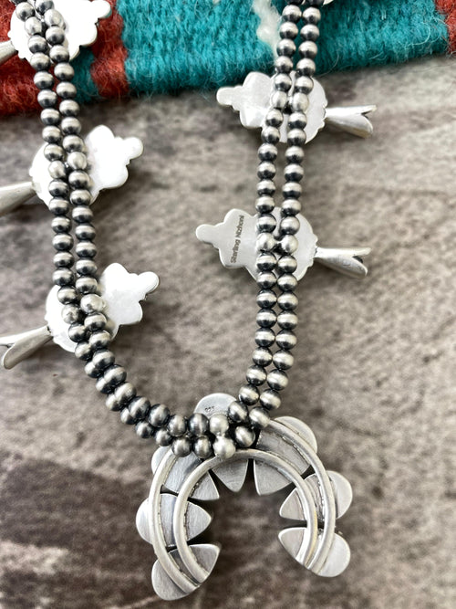 Handmade Sterling Silver South Hill Turquoise Squash Blossom Beaded Necklace with Signed Nizhoni