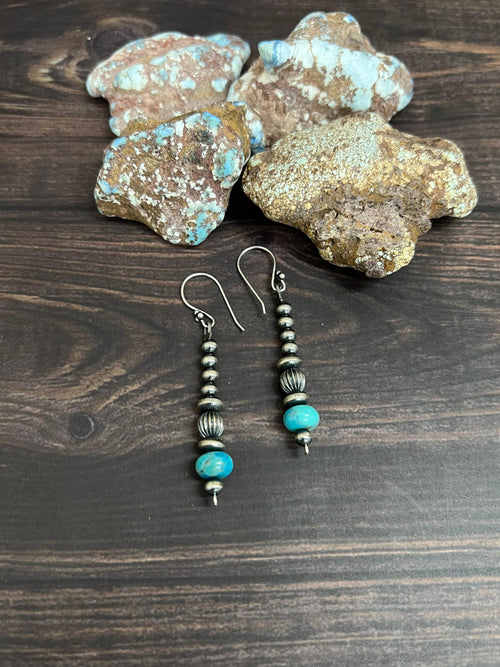 Handmade Sterling Silver Kingman Turquoise Beaded Hook Earrings with Signed Nizhoni