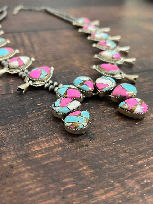 Handmade Sterling Silver Cotton Candy Turquoise Squash Blossom Necklace with Signed Nizhoni