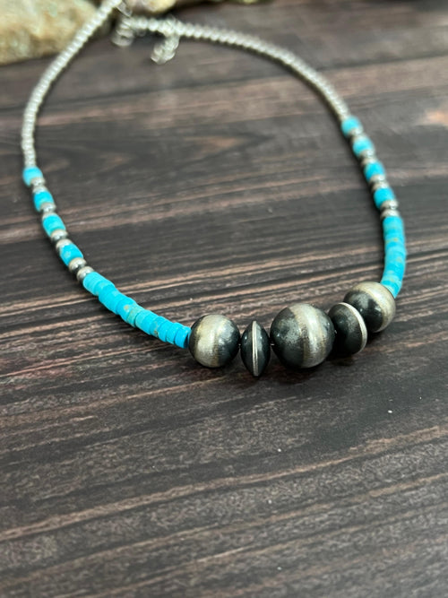 Handmade Sterling Silver Kingman Turquoise Beaded Necklace with Signed Nizhoni
