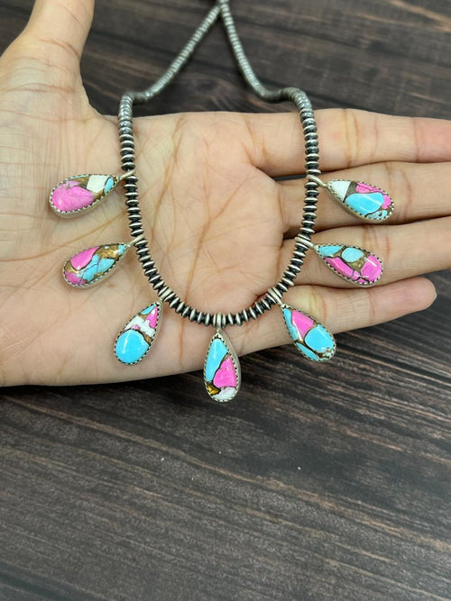 Handmade Sterling Silver Multi Stone Beaded Necklace with Signed Nizhoni