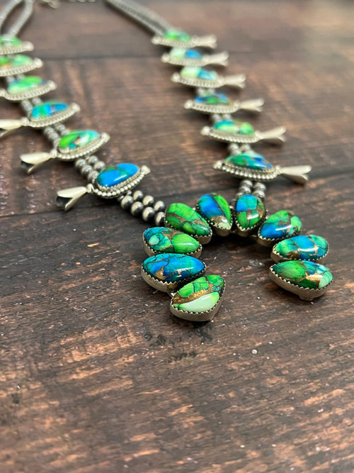 Handmade Sterling Silver Peacock Dahlia Beaded Necklace with Signed Nizhoni