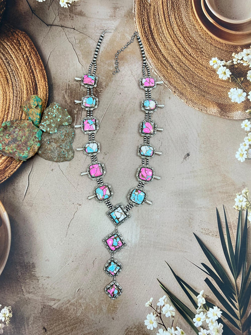 Handmade Sterling Silver Cotton Candy Turquoise Necklace with Signed Nizhoni