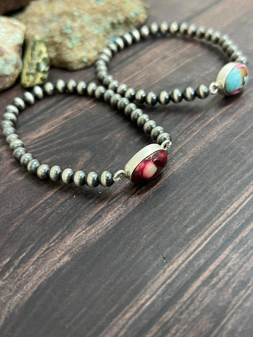 Handmade Sterling Silver Cotton Candy, Dahlia Rose Beaded Bracelet with Signed Nizhoni