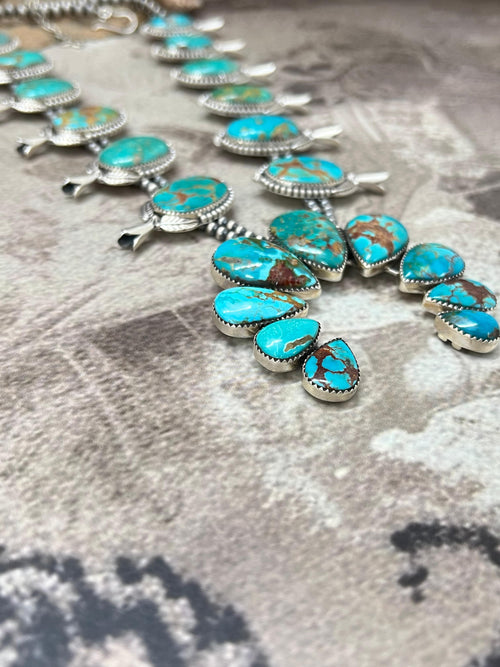 Handmade Sterling Silver Beaded Hardy Pit Squash Blossom Necklace with Signed Nizhoni