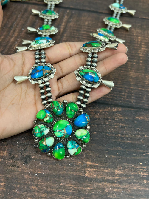 Handmade Sterling Silver Peacock Dahlia Beaded Necklace with Signed Nizhoni