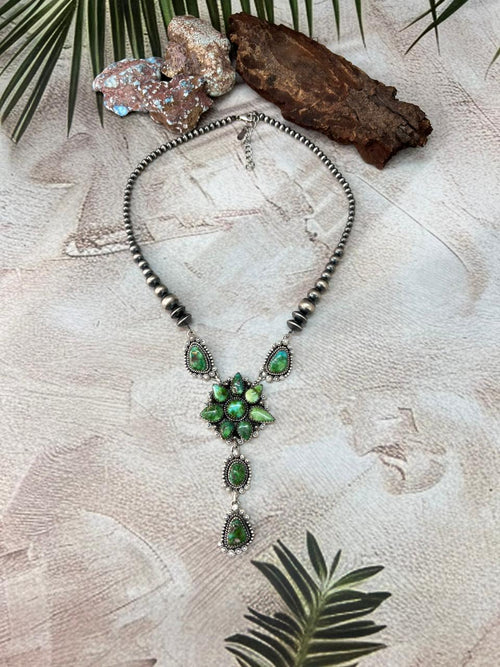 Handmade Sterling Silver Sonoran Mountain Turquoise Beaded Necklace with Signed Nizhoni