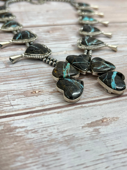 Handmade Sterling Silver Black Jack Beaded Squash Blossom Necklace with Signed Nizhoni