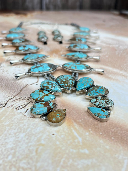 Handmade Sterling Silver Number 8 Turquoise Necklace Earrings Set, Signed Nizhoni