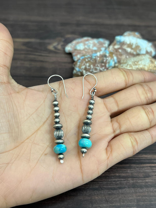 Handmade Sterling Silver Kingman Turquoise Beaded Hook Earrings with Signed Nizhoni