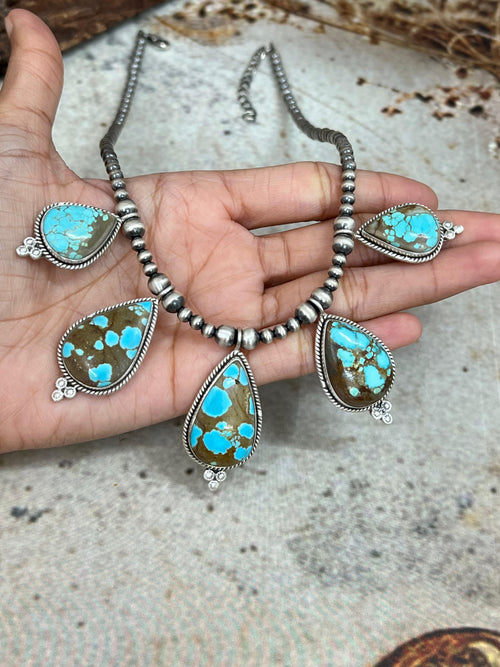 Handmade Sterling Silver Number 8 Turquoise Beaded Necklace Signed Nizhoni