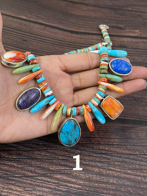 Handmade Sterling Silver Kachina Turquoise Beaded Necklace with Signed Nizhoni