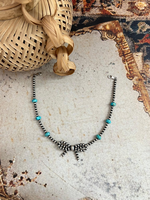 Handmade Sterling Silver Beaded Kingman Turquoise Bow Hat Band