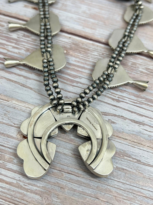 Handmade Sterling Silver Black Jack Beaded Squash Blossom Necklace with Signed Nizhoni