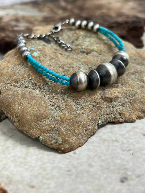 Handmade Sterling Silver Beaded Kingman Turquoise Bracelet with Signed Nizhoni