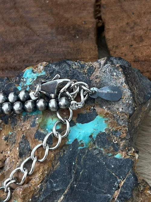 Handmade Sterling Silver Beaded Kingman Turquoise Necklace "Signed Nizhoni"