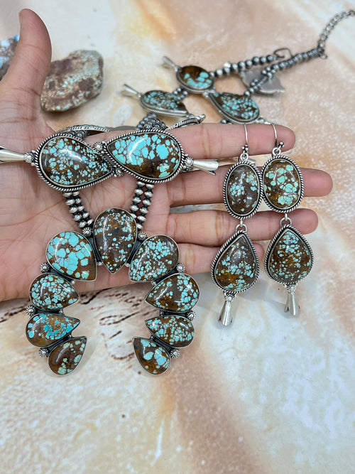 Handmade Sterling Silver Number 8 Turquoise Necklace Earrings Set, Signed Nizhoni