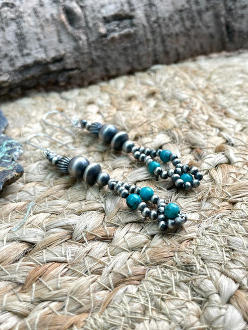 Handmade Sterling Silver Beaded Kingman Turquoise Hook Dangle Earrings