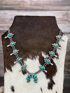 Handmade Sterling Silver South Hill Turquoise Squash Blossom Beaded Necklace with Signed Nizhoni