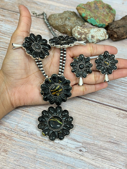 Handmade Sterling Silver Blackjack Turquoise Beaded Blossom Necklace Earrings Set with Signed Nizhoni