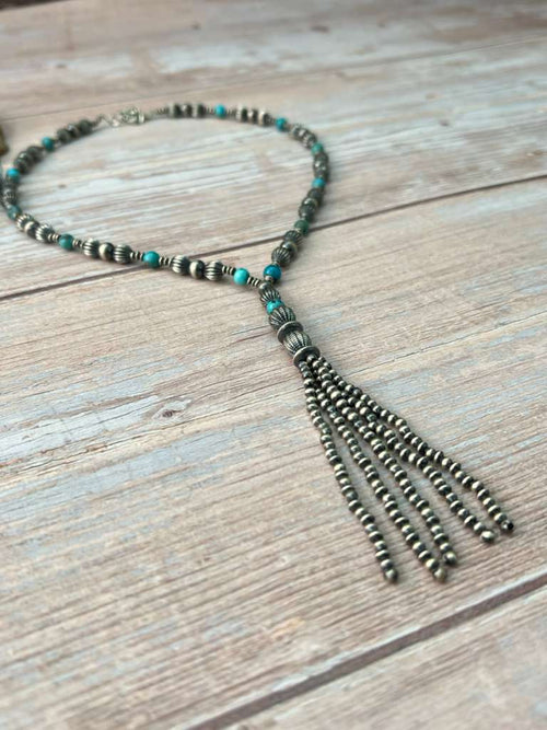 Handmade Sterling Silver Beaded Kingman Turquoise Necklace "Signed Nizhoni"