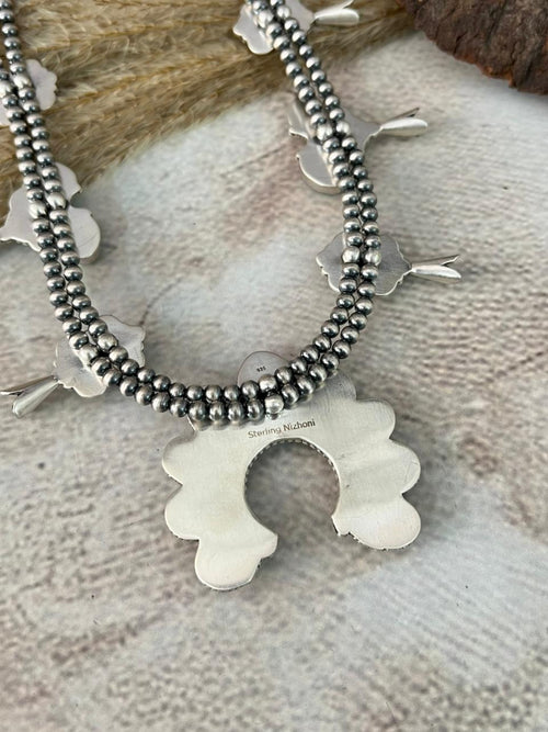 Handmade Sterling Silver Santa Maria Turquoise Squash Blossom Beaded Necklace "Signed Nizhoni"