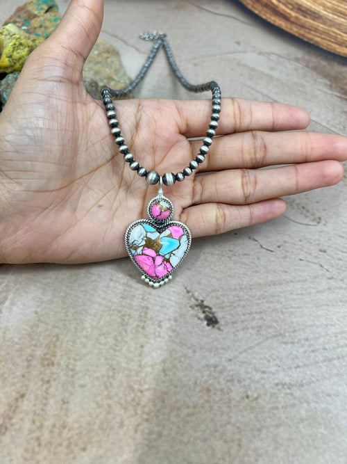 Handmade Sterling Silver Cotton Candy Turquoise Heart Necklace with Signed Nizhoni