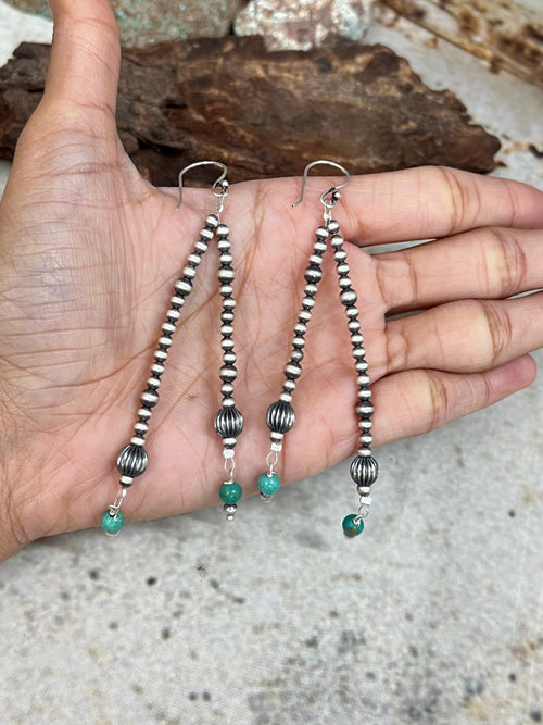 Handmade Sterling Silver Beaded Kingman Turquoise Dangle Earrings Signed Nizhoni