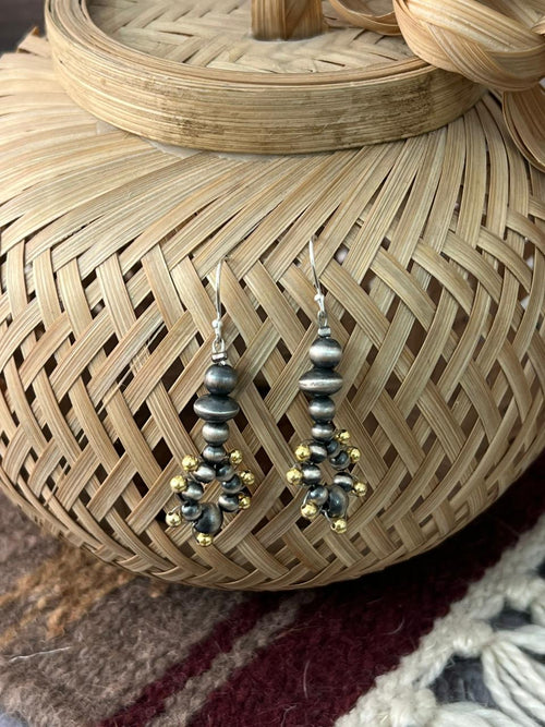 Handmade Sterling Silver and Gold Hook Dangle Beaded Earrings