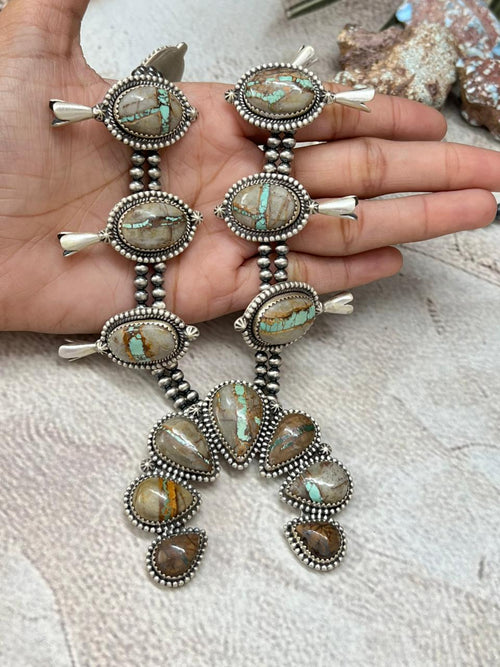 Handmade Sterling Silver Royston Ribbon Turquoise Squash Blossom Beaded Necklace with Signed Nizhoni