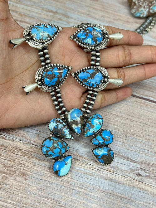 Handmade Sterling Silver Golden Hills Turquoise Beaded Squash Blossom Necklace with Signed Nizhoni