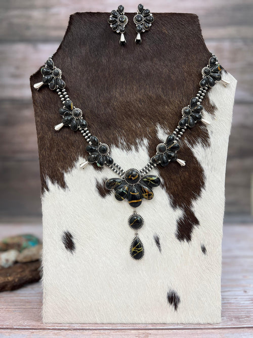 Handmade Sterling Silver Blackjack Turquoise Beaded Blossom Necklace Earrings Set with Signed Nizhoni