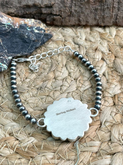 Handmade Sterling Silver Beaded Kingman with Wildhorse, Black Onyx Chain Bracelet "Signed Nizhoni"