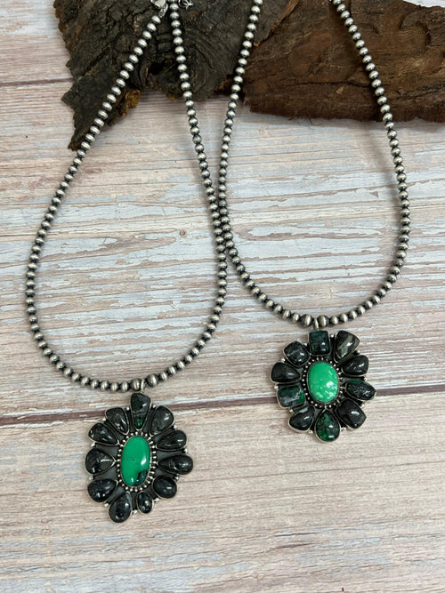 Handmade Sterling Silver Emerald Rose Beaded Necklace with Signed Nizhoni