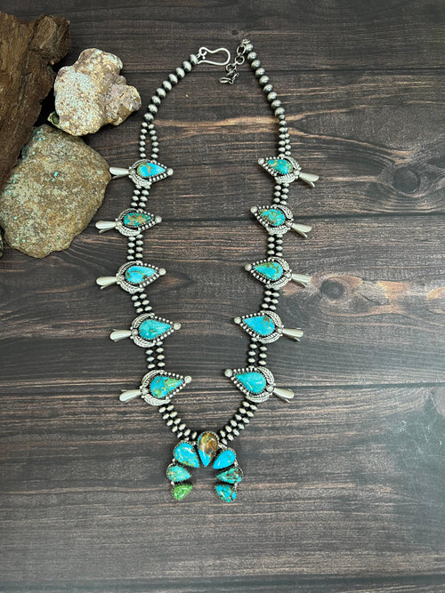 Handmade Sterling Silver South Hill Turquoise Beaded Necklace with Signed Nizhoni