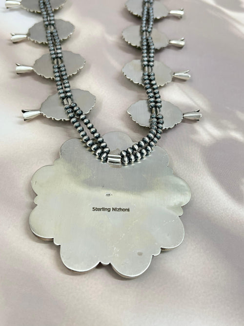 Handmade Sterling Silver Royston Turquoise Squash Blossom Necklace with Signed Nizhoni