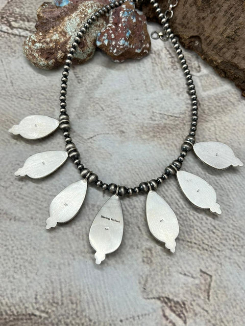 Handmade Sterling Silver Lander Turquoise Beaded Necklace with Signed Nizhoni