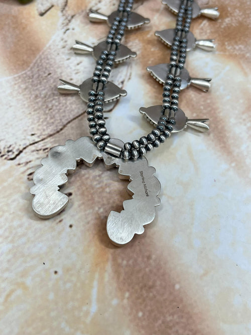 Handmade Sterling Silver Honey Dahlia Squash Blossom Necklace with Signed Nizhoni