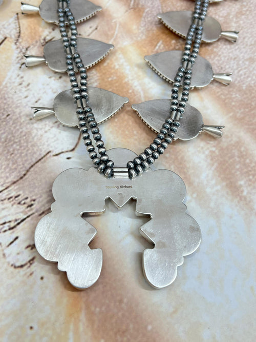 Handmade Sterling Silver Dahlia Rose Squash Blossom Necklace with Signed Nizhoni