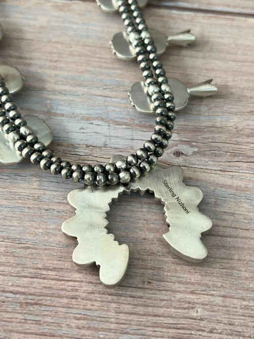 Handmade Sterling Silver Mint Dahlia Collection: Squash Blossom Beaded Necklace "Signed Nizhoni"