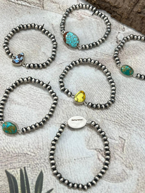 Handmade Sterling Silver Beaded Multi Stone Chain Bracelet with Signed Nizhoni