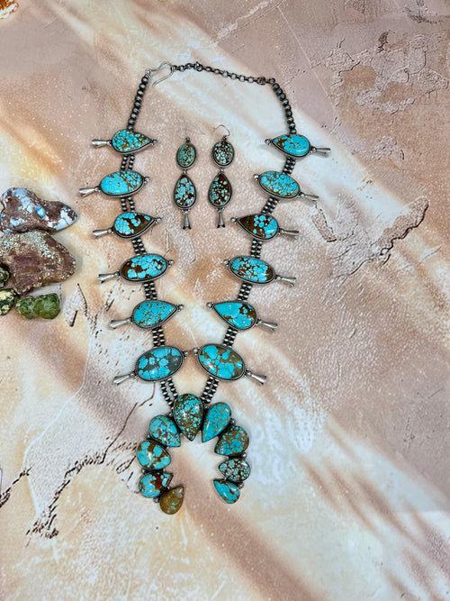 Handmade Sterling Silver Number 8 Turquoise Necklace Earrings Set, Signed Nizhoni
