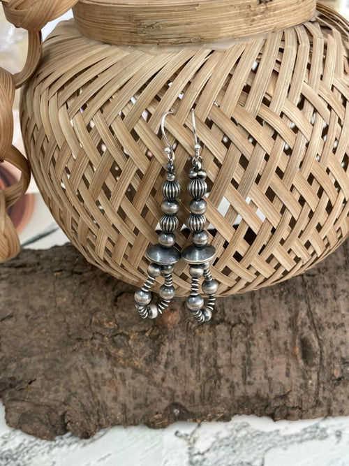 Handmade Sterling Silver Beaded Hook Dangle Earrings "Signed Nizhoni"